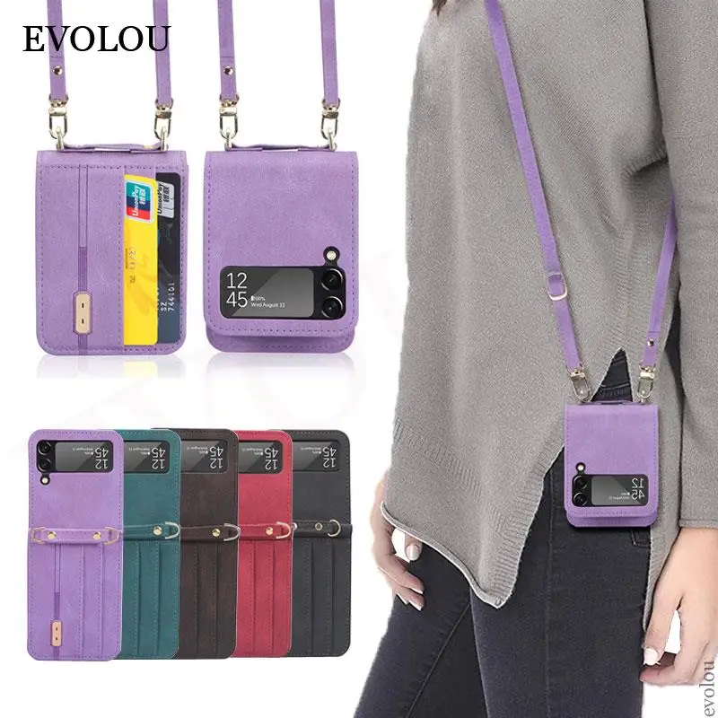 Crossbody Leather Necklace Lanyard Phone Case Samsung Z Flip 3 5G Multi-card slot Wallet Flip Cover for Samsung Z Flip3 SM-F711B