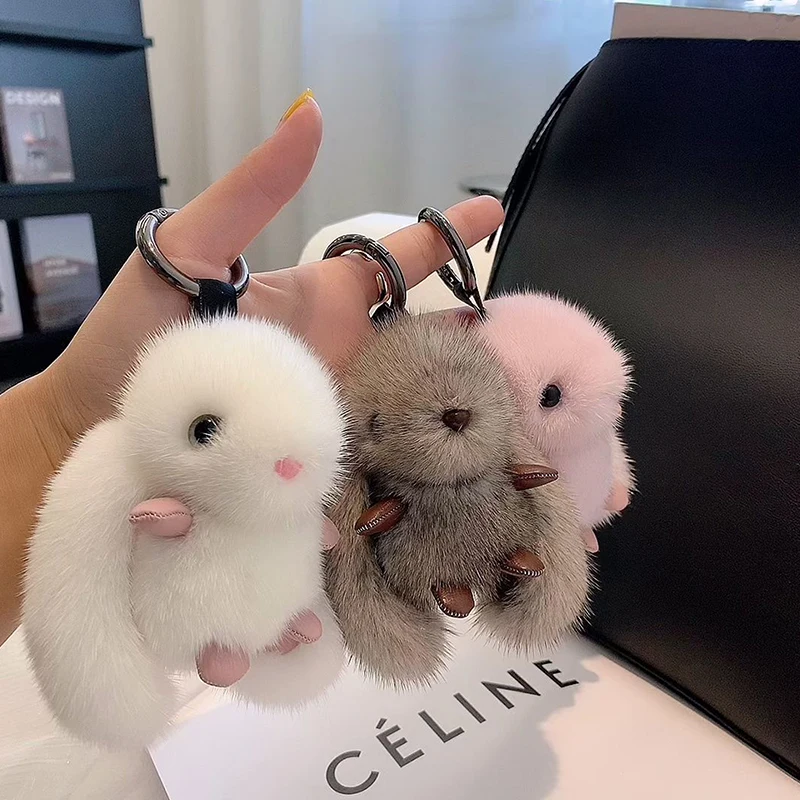 Hase Stofftier Plüschtier Kaninchenfell Schlüsselanhänger Flauschig Weich Niedlich Fuzzy Accessoires Pelziger Schlüsselanhänger Geschenk für Mädchen Kinder