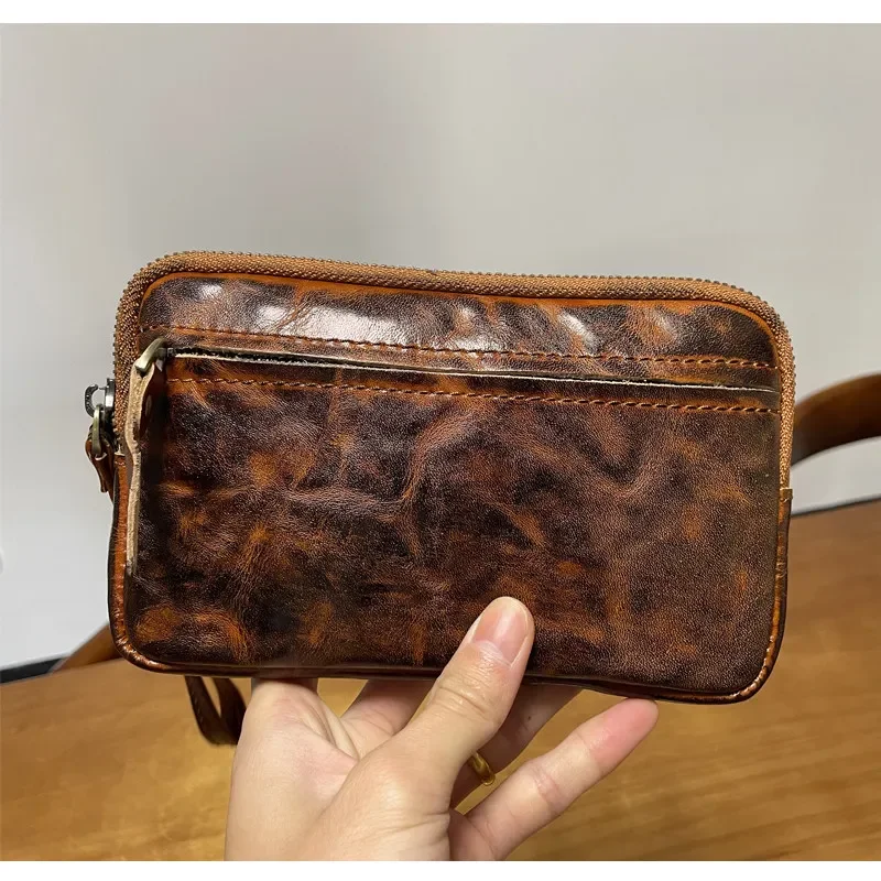 Genuine leather first layer vegetable tanned cowhide clutch bag retro storage bag certificate mobile phone report