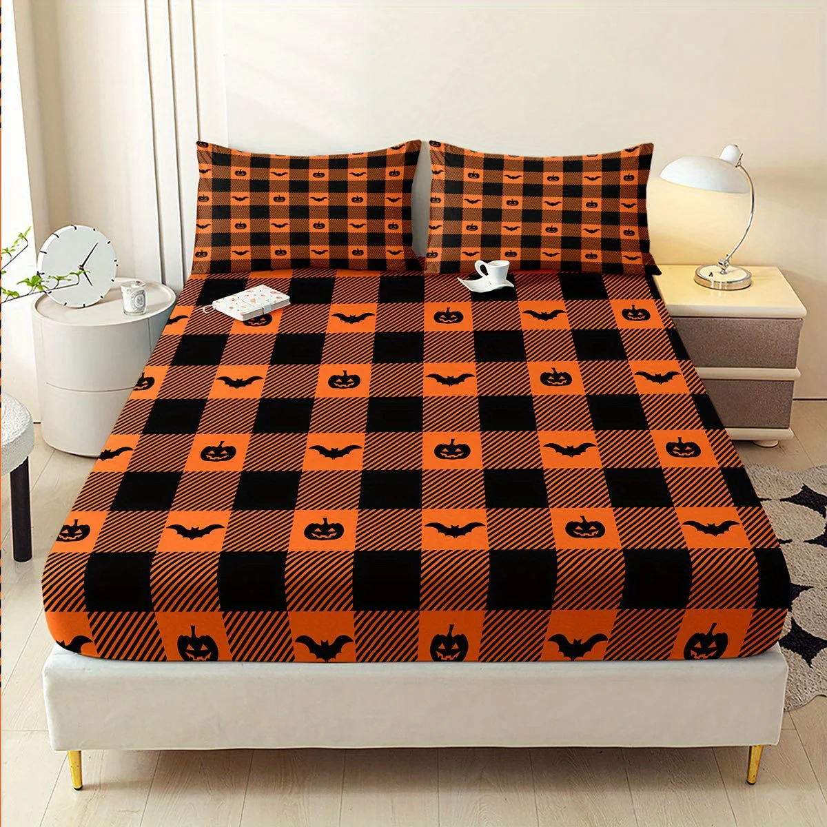 3-Piece Set of 2D Flat Printed Halloween Pumpkin and Bat Plaid Bed Sheet Set_ Mattress Protector_ Queen Size_ King Size_ for Bedroom and Guest Room_ Polyester Machine Washable (1 Bed Sheet + 2 Pillowcases Without Inserts), 2D Flat