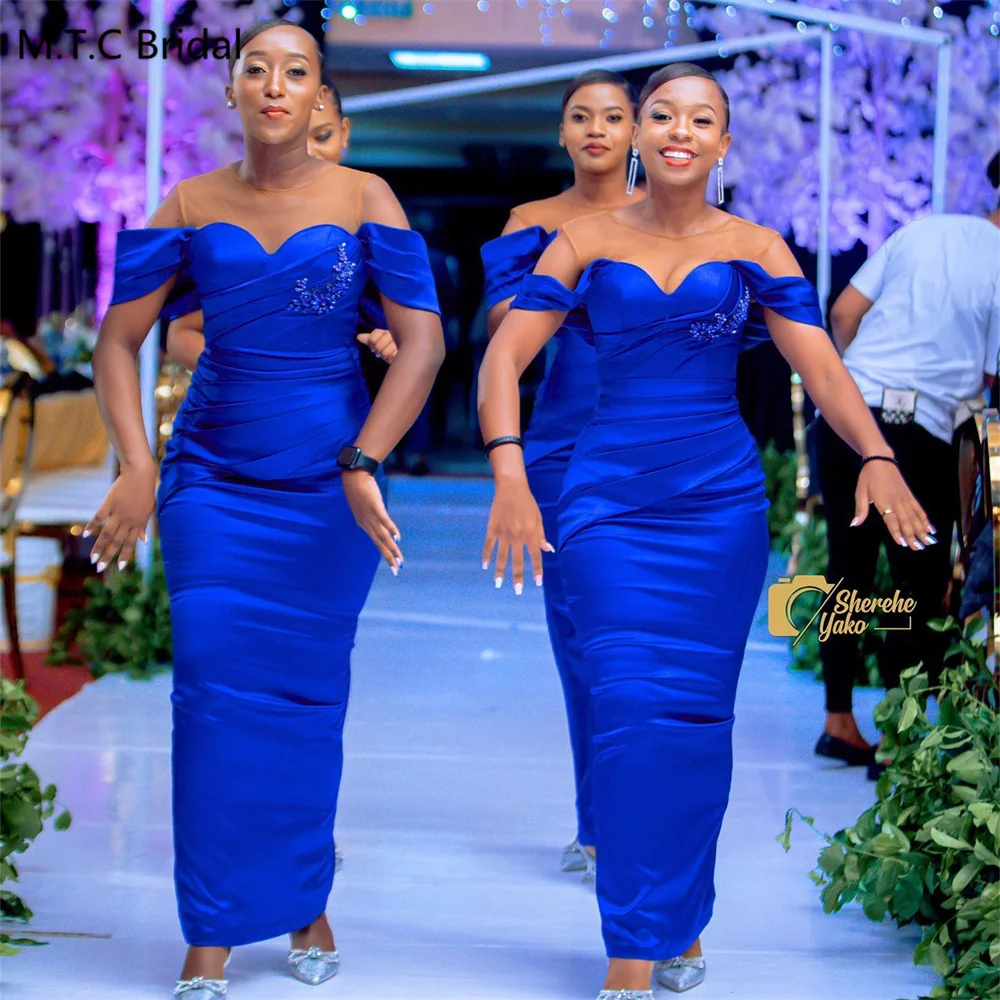 Custom Made Long Royal Blue African Bridesmaid Dresses Chic Beaded Pleated Satin Straight Formal Gowns For Maids Of Honor