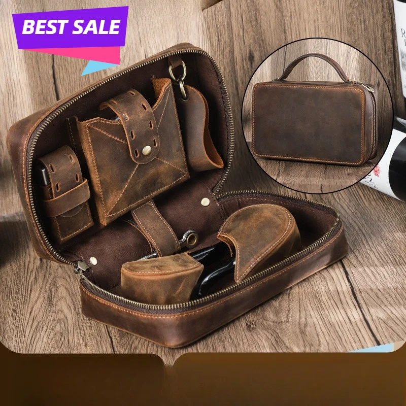 Vintage Crazy Horse Leather Tobacco Pouch Roll Bag Travel Case 2 Pack Storage Organizer