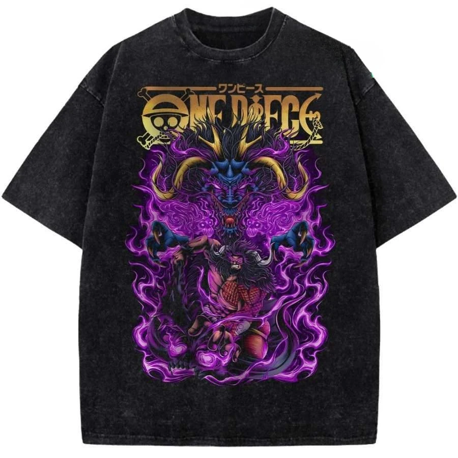 Camiseta de Manga Corta ONE PIECE Gear 5 Luffy vs Kaido, Anime Manga Vintage, Estampado Gráfico Lavado, Llama Púrpura, Batalla del Arco Wano, para Hombre