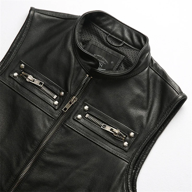 Black Spring Rivets Leather Vest Men Vintage Style Plus Size 4XL Genuine Natural Cowhide Slim Fit Short Vest