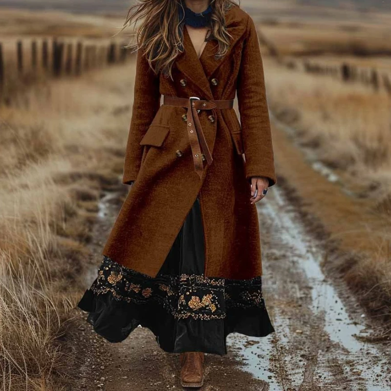 

Bohemian Double-breasted Women's Long Woolen Coat in Autumn and Winter 2025