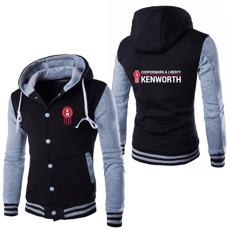 New Kenworth Logo Print Custom Made Spliced Men Long Sleeve Hoodie Jacket Warm Hooded Baseball Uniform Casual Man Sportswear Top