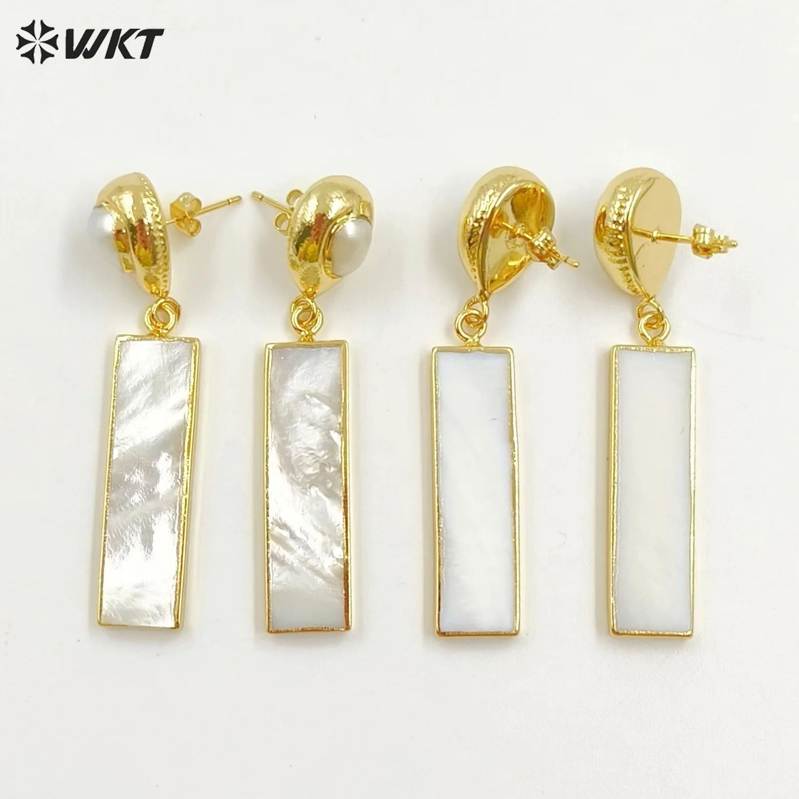 

WT-E421 Wholesale New Arrival Fashion Classic Natural White Shell Stone Unique Shape Earrings With Gold Plated For Women Gift