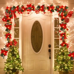 2M10LED Christmas Garland Lighting Strings Artificial Red Flowers Holly Leaves for Home 2024 Xmas Ornament New Year Gifts 2025