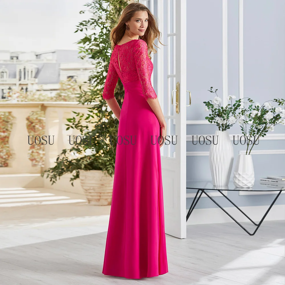 Robe mère de la mariée en mousseline Fuchsia, longue, col en V, manches 3/4, robe d'invitées de mariage en dentelle, ligne A, longueur au sol, robe de soirée, 2022