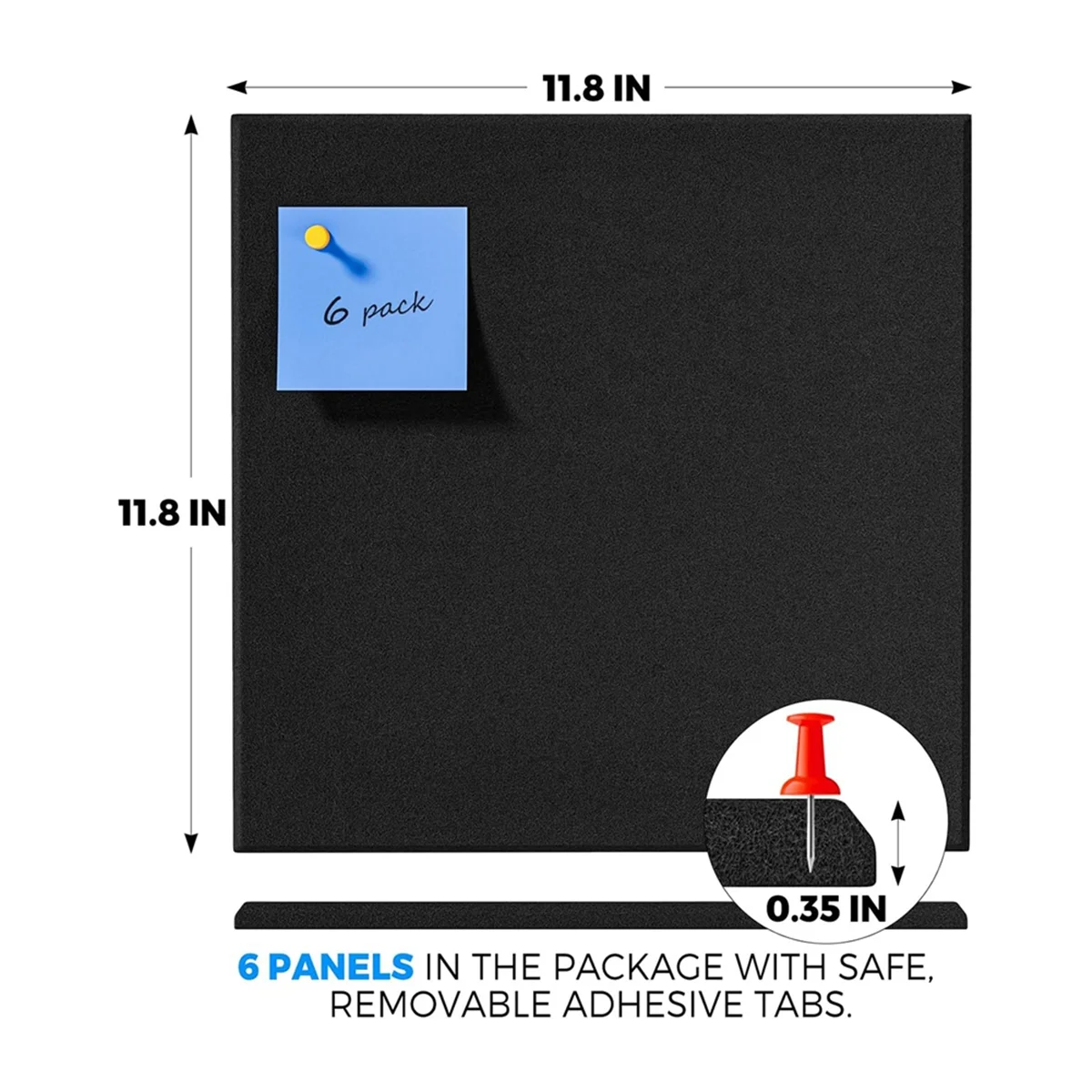 Korktafel-Alternative, 6er-Pack Wandfliesen aus Filz mit 50 Reißzwecken, schwarze Korktafeln für Wände, Korktafel