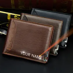 New Short Men Wallets Free Name Engraving Luxury Slim Card Holder Male Purse Classic Zipper Coin Pocket Brand Men's Card Wallet