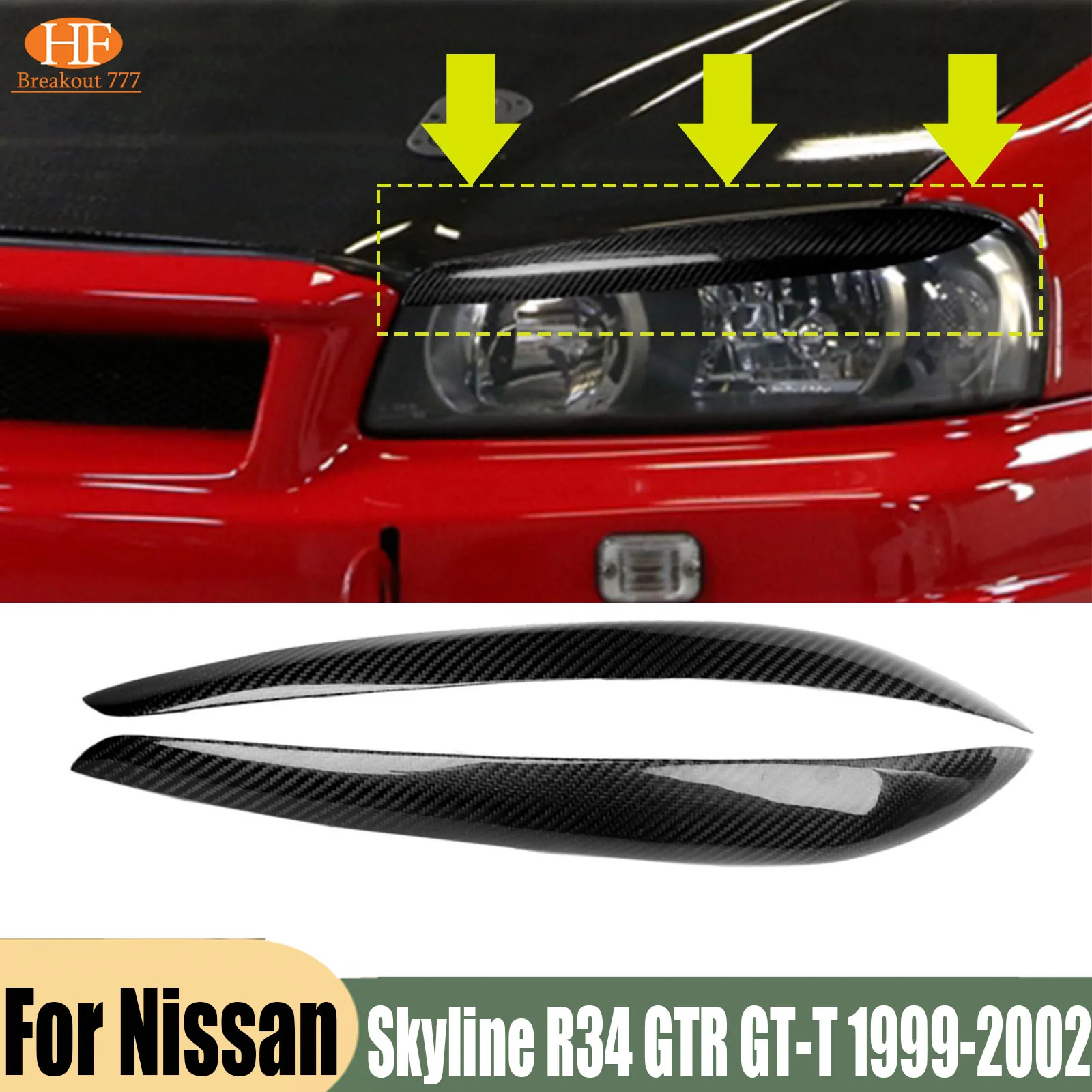 For Nissan Skyline R34 GTR GT-T 1999-2002 Real Carbon Front Headlight Eyelids Eyebrow Trim