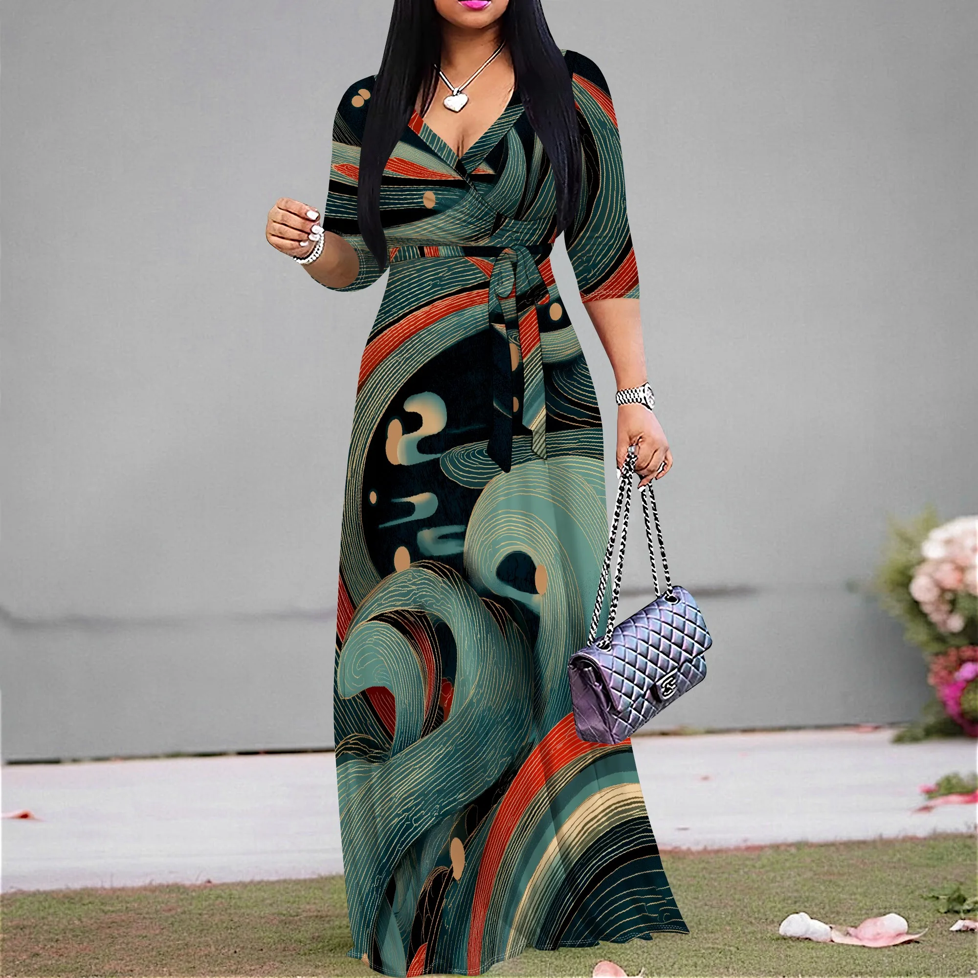 

Retro Wave Print Maxi Dress S-3XL V-Neck Wrap Style with Belt & 3/4 Sleeves for Art Show, Fall Church or Elegant Cultural Look
