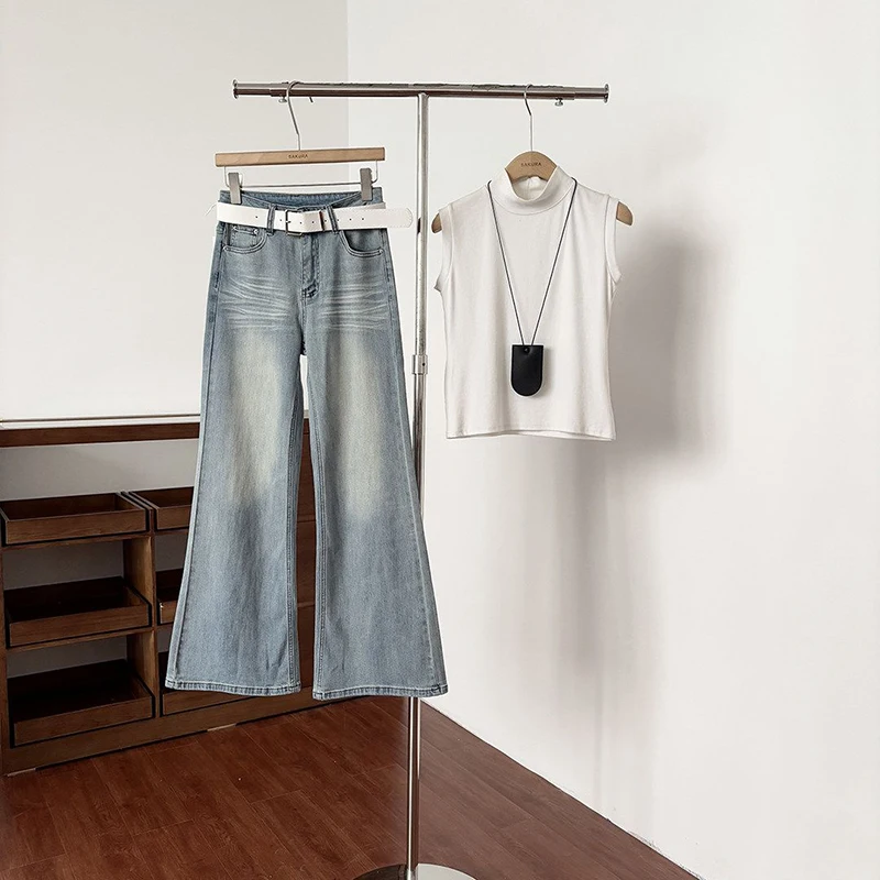 2026 Spring/Summer New Korean Version Simple Fashionable Versatile High Waist Jeans Women High Waist Micro Flared Trousers