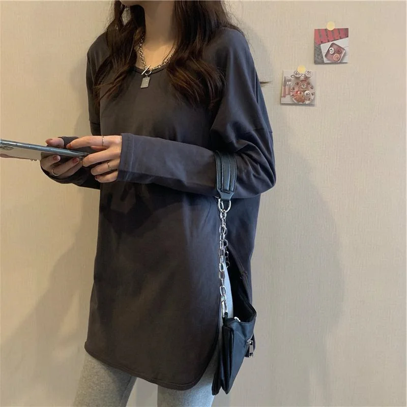 plus Size 300 Pounds Lazy Style Thin Long Sleeve T-Shirt Women Loose Mid-Length Slit Belly Covering Base Shirt Trendy Top