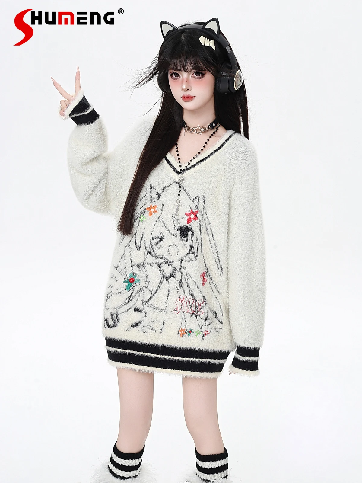

Sweet Cool 2D Anime Girl Y2K вязаные пуловеры топы женские осенние с v-образным вырезом и длинным рукавом ленивые свободные повседневные универсальные свитера Mujer