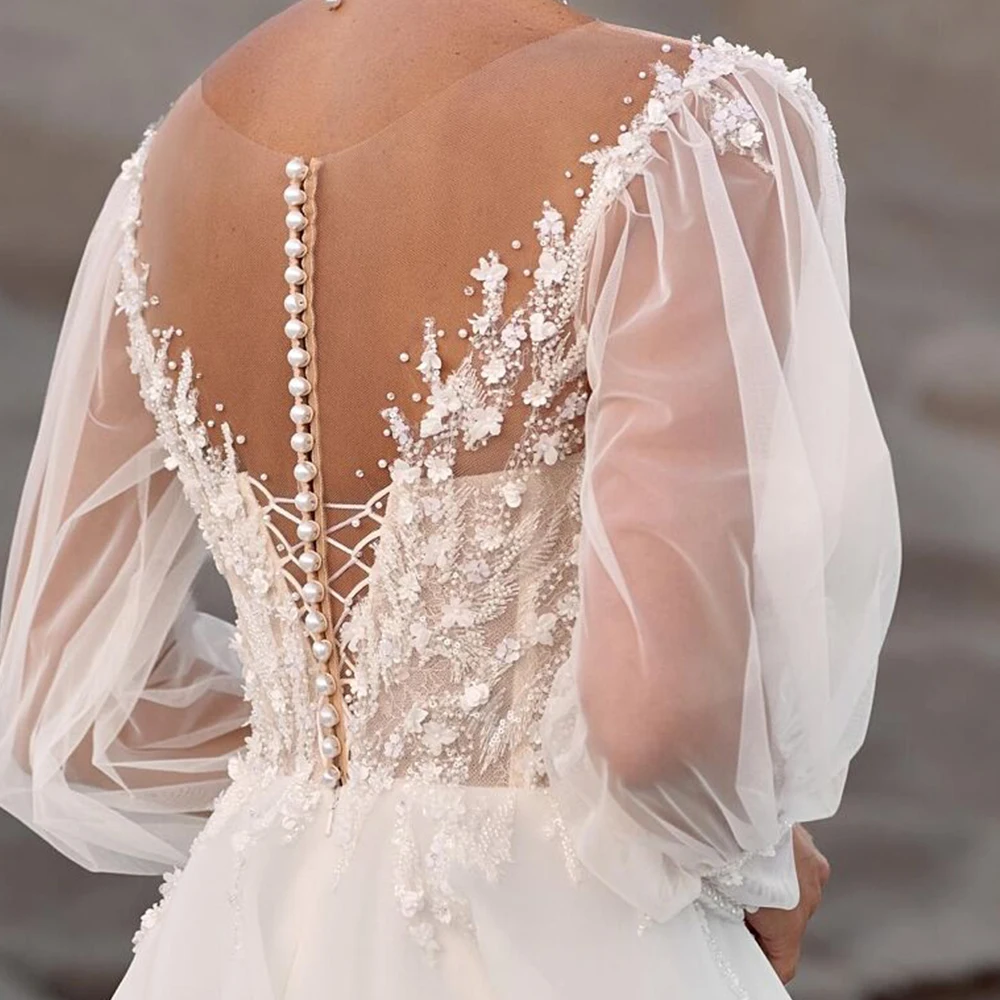 매력적인 브이넥 레이스 웨딩드레스 2025 A라인 여성용 긴팔 오간자 웨딩드레스 2025 여름