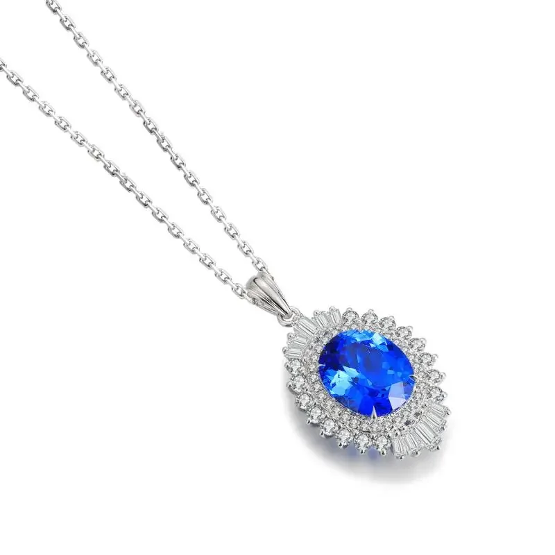 RUIF Hot Sale Classic Style S925 Silver Oval Shape Main Stone 5.97ct  Lab Grown Cobalt Spinel Simulated Diamond Necklace