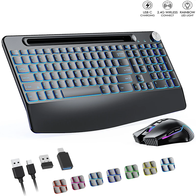 Ergonomic 2.4G Wireless Rechargeable Keyboard Mouse Set for Desktop With Color Backlit Wrist Rest Phone Holder and Jiggler Mouse