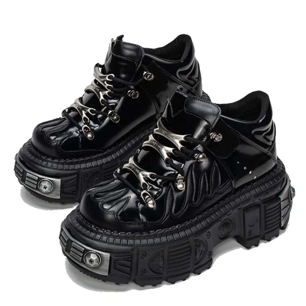 

Punk Women Platform Motorcycle Shoes Lace-up Height Increasing 8cm Flame Thick Bottom Shoes Rock Metal Decor Sneakers Rivet Shoe