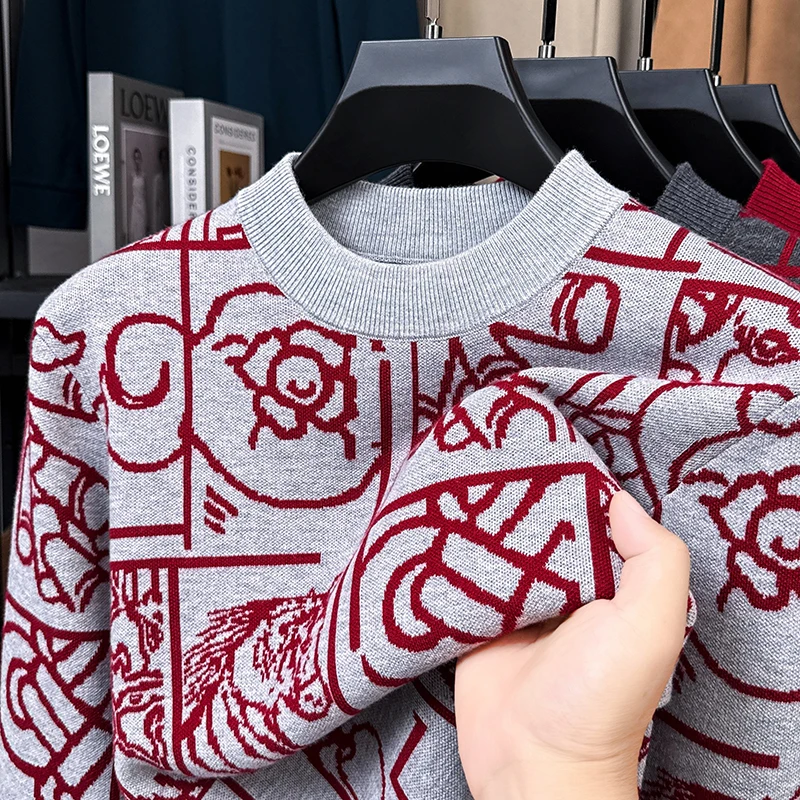 Light luxury brand men'sknitted warm sweater autumn winter fashion personalized graffiti design youth casual round neck pullover