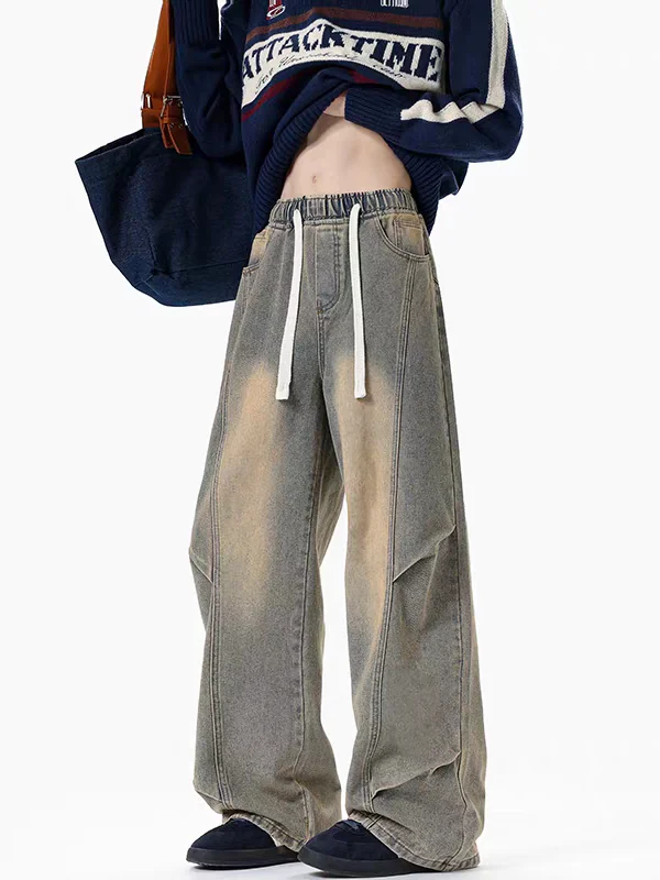

Waed Denim Jeans Men's Spring Autumn American Sle Folded Leg Straight Cut Trousers Casual Wear Resistant And Durable