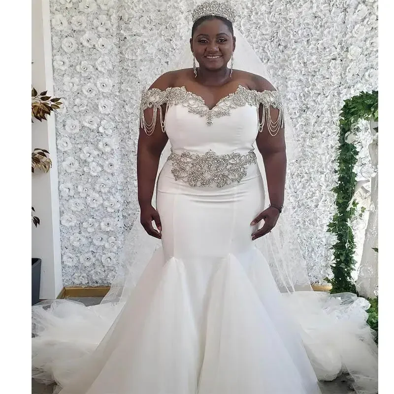 Customized Plus Size Satin Wedding Dresses Mermaid Beading Off Shoulder Crystals Custom Made Open Back African Women Bridal Dres