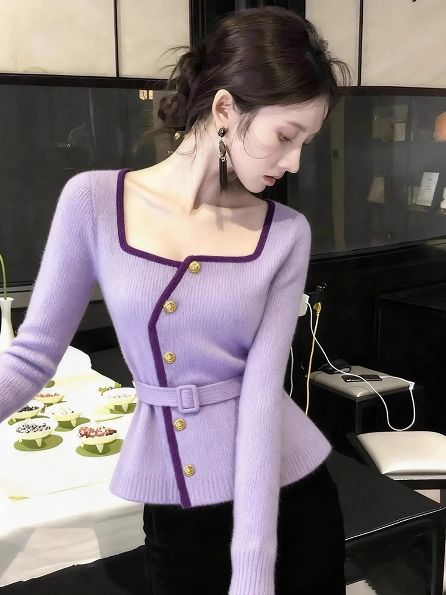 

Soft Cozy Purple Square Collar Knitwear Women's Autumn Winter Long Sve Slimming Top Ele Lady Casual Lazy Sle