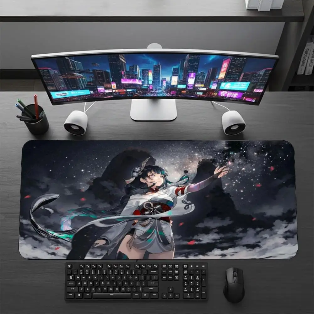 XXL Anime Starry Girl Mouse Pad Black Cat Samurai Lady Pattern Desk Mat Non Slip Rubber Base Gaming Keyboard Pad PC Laptop Decor