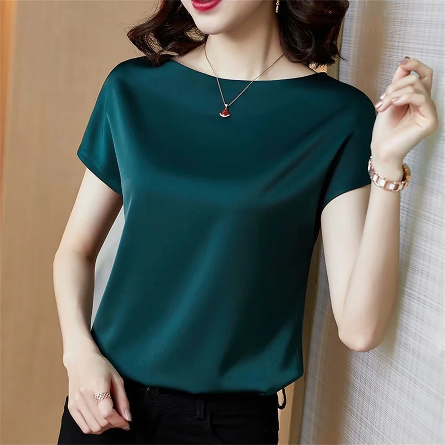 Office Lady Tops Summer Short Sleeve O-Neck Blouses Satin Blouse Women Shirts Simple Solid Casual Loose Shirt Blusas DF4904