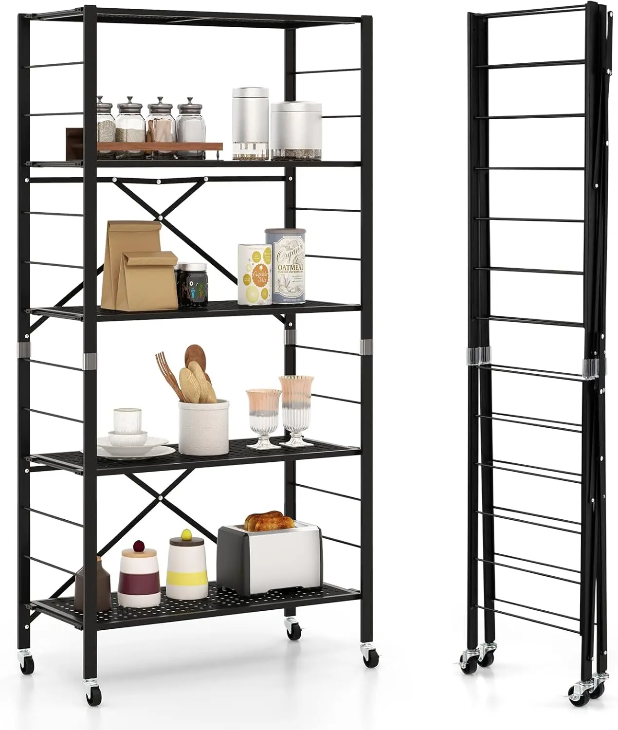 Giantex 5-Tier Folding Bookshelf With Wheels Black, 60