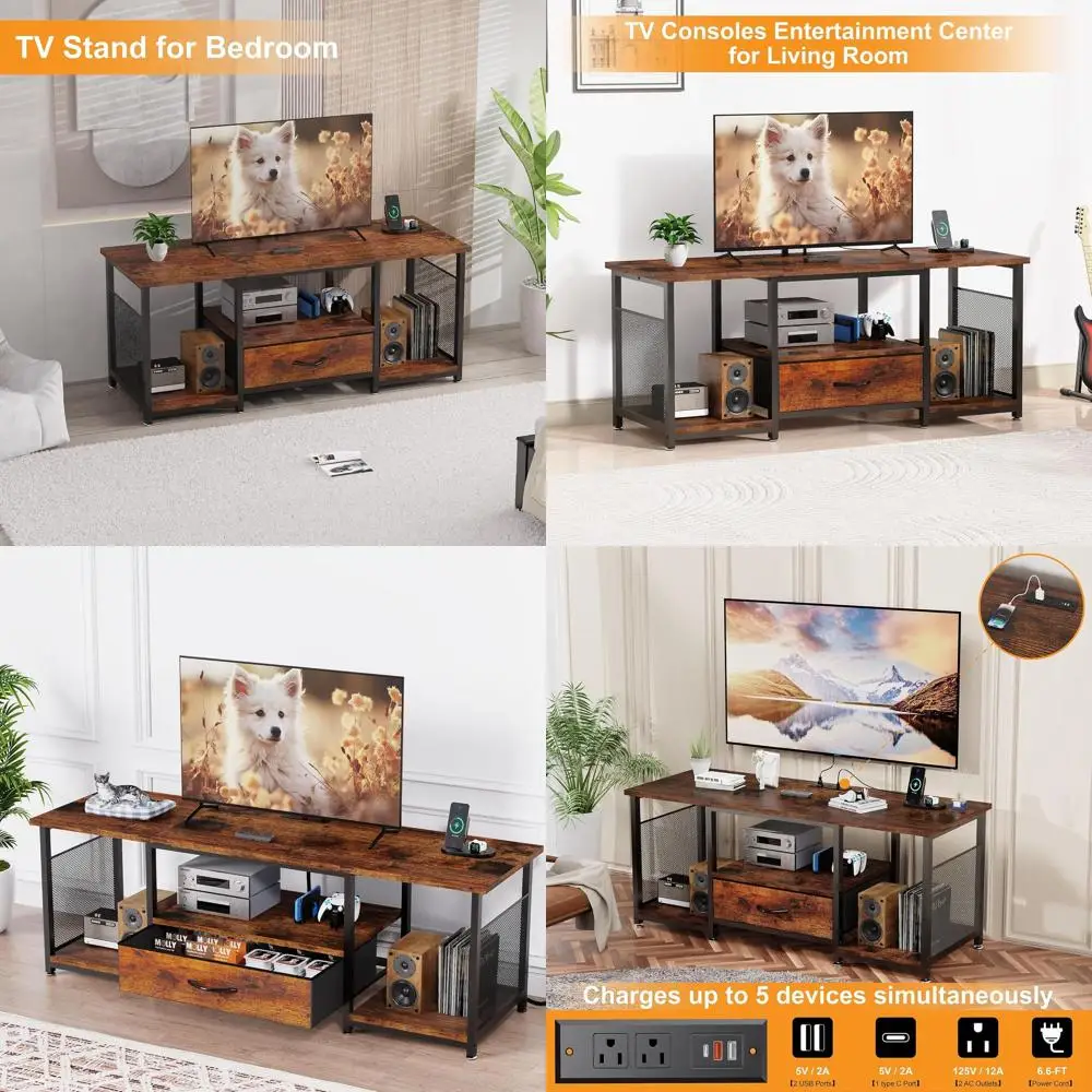 

Промышленная подставка под телевизор коричневого цвета в деревенском стиле с выдвижными ящиками и розеткой для телевизоров 65–55 дюймов, развлекательного центра с открытыми полками для Livi