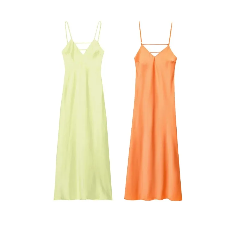 Nuevo vestido de verano con escote en V profundo y textura satinada con tirantes y cuello en V, vestido largo de fiesta con espalda descubierta para Mujer, vestido de noche elegante para Mujer