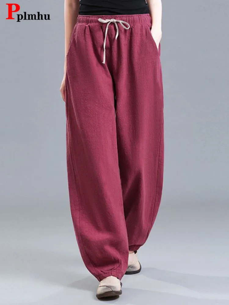 2024 Spring Summer Cotton Linen Pants Baggy High Waist Harem Pantalones Thin Womens Jogger Spodnie Casual Big Size 5xl Sweatpant