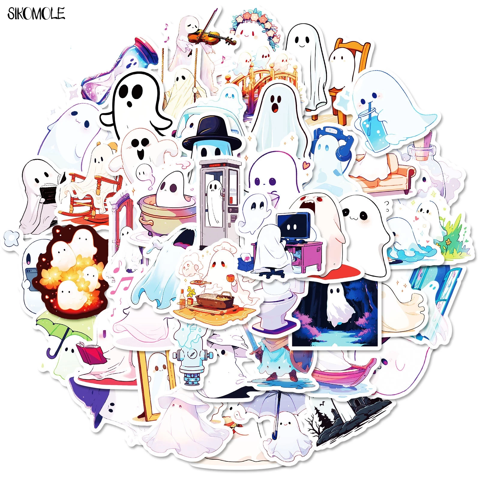 10/30/50 sztuk śmieszne kreskówki biały duch śliczny motyw naklejki Graffiti estetyczna naklejka Laptop telefon bagaż księga gości naklejki samochodowe