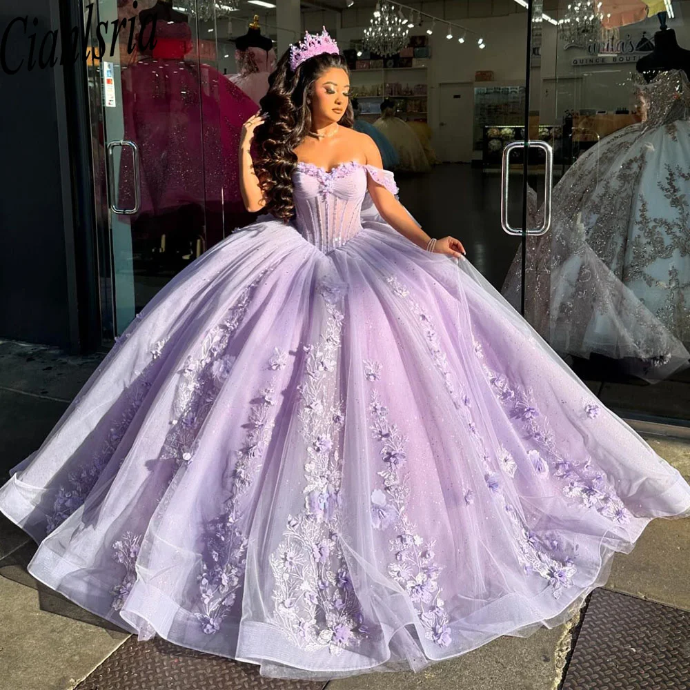 Lila glänzendes herzförmiges Quinceanera-Kleid, schulterfrei, mit Pailletten, Spitze, Schleife, Perlen, Sweep-Zug, süße 15-Jahre-Roben de Soiree