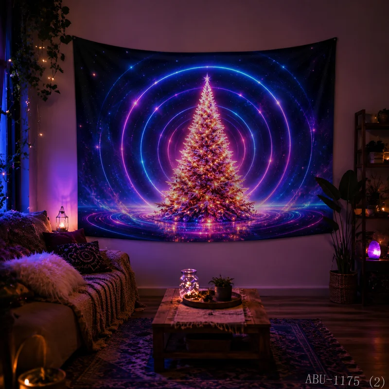 VIKAMA Neon Ring Light Effect Starry Sky Christmas Tree Mirror Christmas Tapestry HD Background Wall Room Decoration