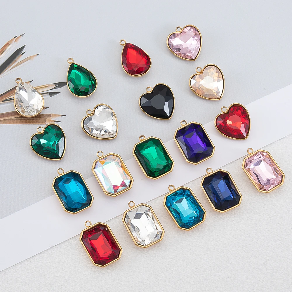 

5Pcs Stainless Steel Pendant Multicolor Glass Heart Square Waterdrop Shape Earring Charms with Ring DIY Necklace Jewelry Making