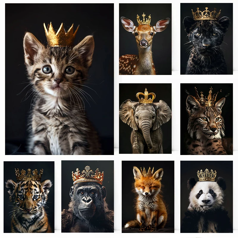 1pc Frameless Baby Animal Wearing a Crown Portrait Posters Cute Animals Prints Canvas Painting Wall Art Pictures Home Room Moder