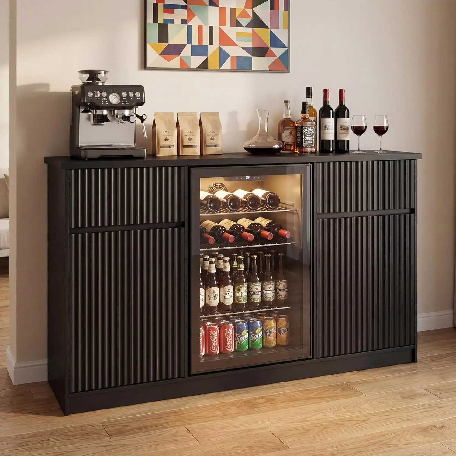 

Coffee Bar Cabinet with Mini Fridge Space, Wine Bar Cabinet for Home, Buffet Sideboard with Wine Rack and Storage Shelves, Liquo