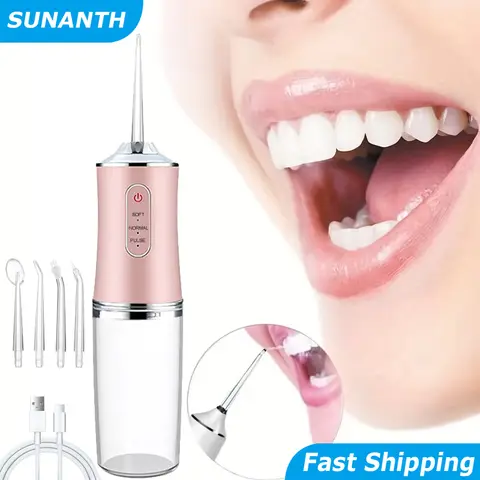 치아 청소를위한 220ML 휴대용 구강 Irrigator IPX7 3 압력 모드 4 노즐 Flosser USB 충전식 치과 Irrigator 남여