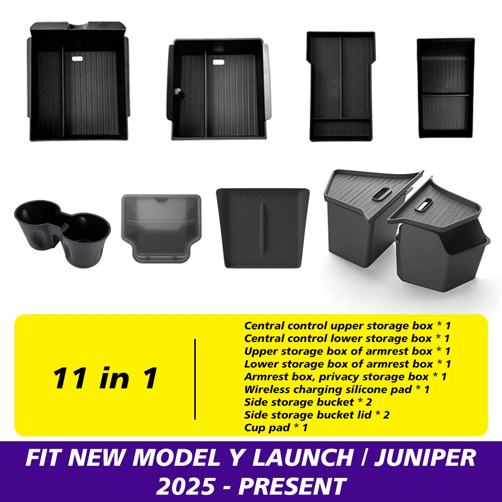 for Tesla New Model Y Juniper Launch 2025 Console & Armrest & Rear Trunk Storage Bins Side Box Organiser  Watercup Accessories