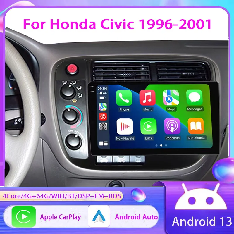 

9" 4+64GB For Honda Civic 1996-2001 Car Stereo Radio Apple Carplay Android 13 Head Unit FM BT GPS Navigation wifi BT