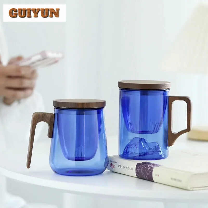 400ml Walnut Wooden Handle Lid Filter Klein Blue Glass Tea Water Separation Scented Tea Cup Office Flower Tea Separation Tea Mug