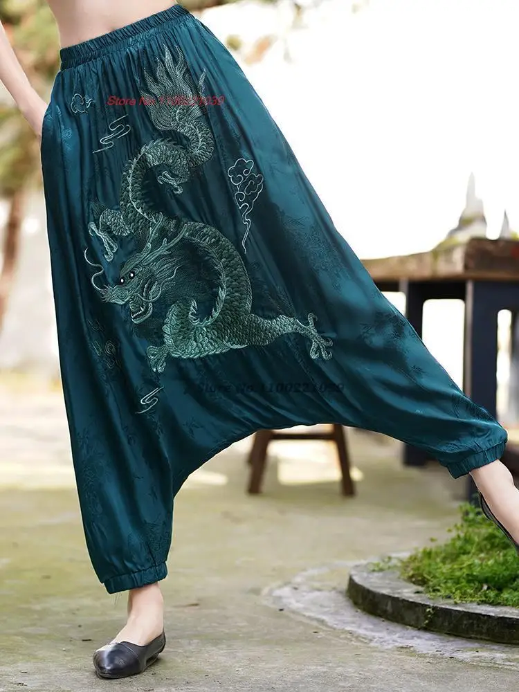 2025 chinese dragon embroidery satin jacquard bloomers pants traditional ethnic vintage harajuku harem pants retro baggy pants