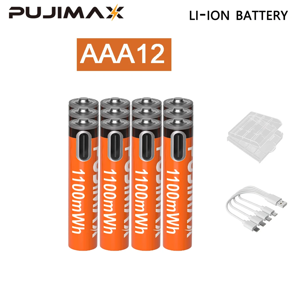PUJIMAX 1,5 V AA en AAA oplaadbare lithiumbatterij 3400 mWh/1100 mWh, Type-C-poort Opladen worden hergebruikt 1500 keer voor wekkers