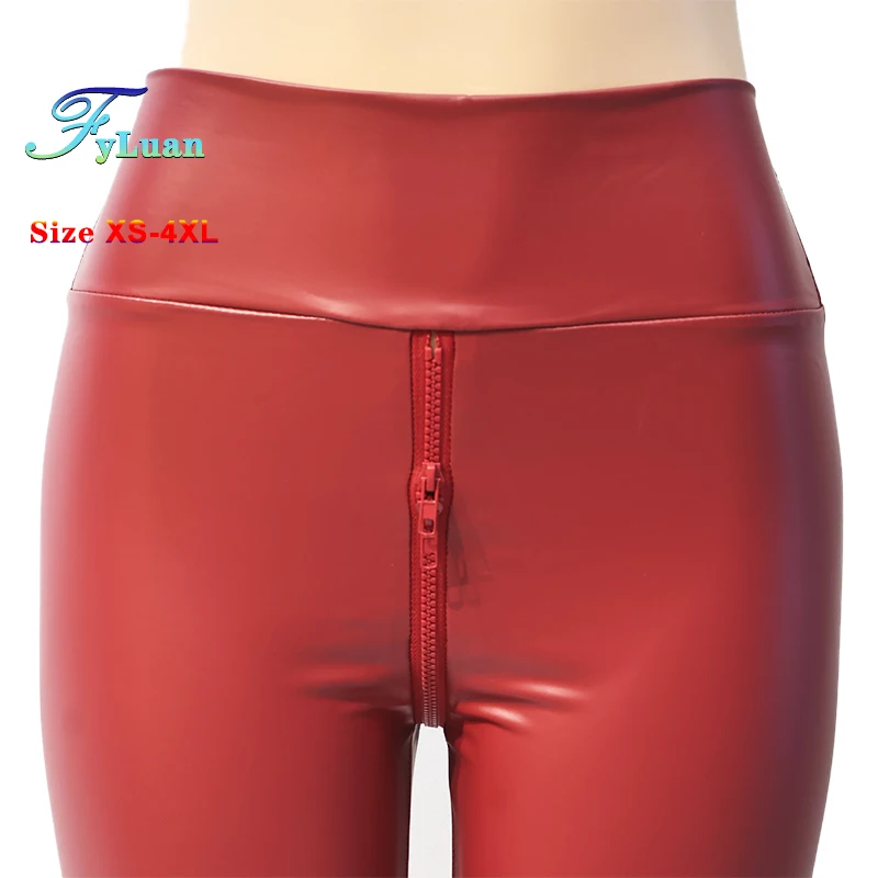 Wine Red Women Wet Look Open Crotch Pants Exotic Bodycon Slim Faux Leather Leggings Nightclub Custom Trousers Plus Size XS- 4XL