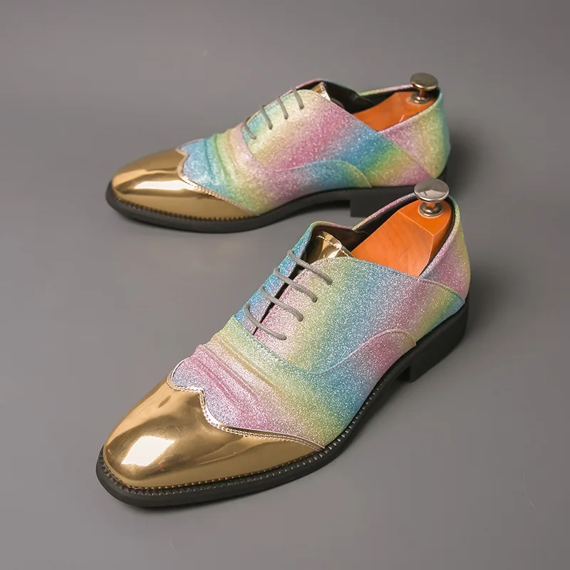 Luxury Designer Men's Shoes Fashion Colorful Sequins Casual Shoes Golden Pointed Business Dress Shoes Men's Casual Leather Shoe