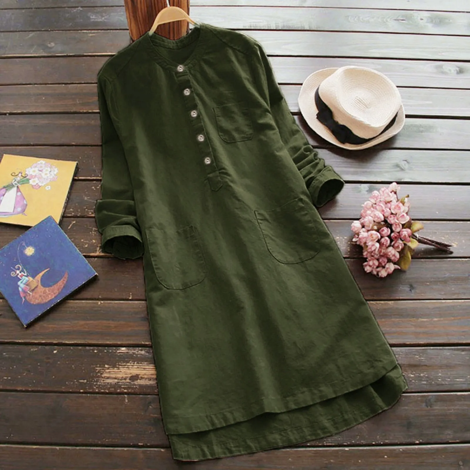 Retro Style Dress Women Long Sleeve Cotton Linen Casual Loose Dress Button Tops Mini Shirt Dress Multi-Pockets Female Dress