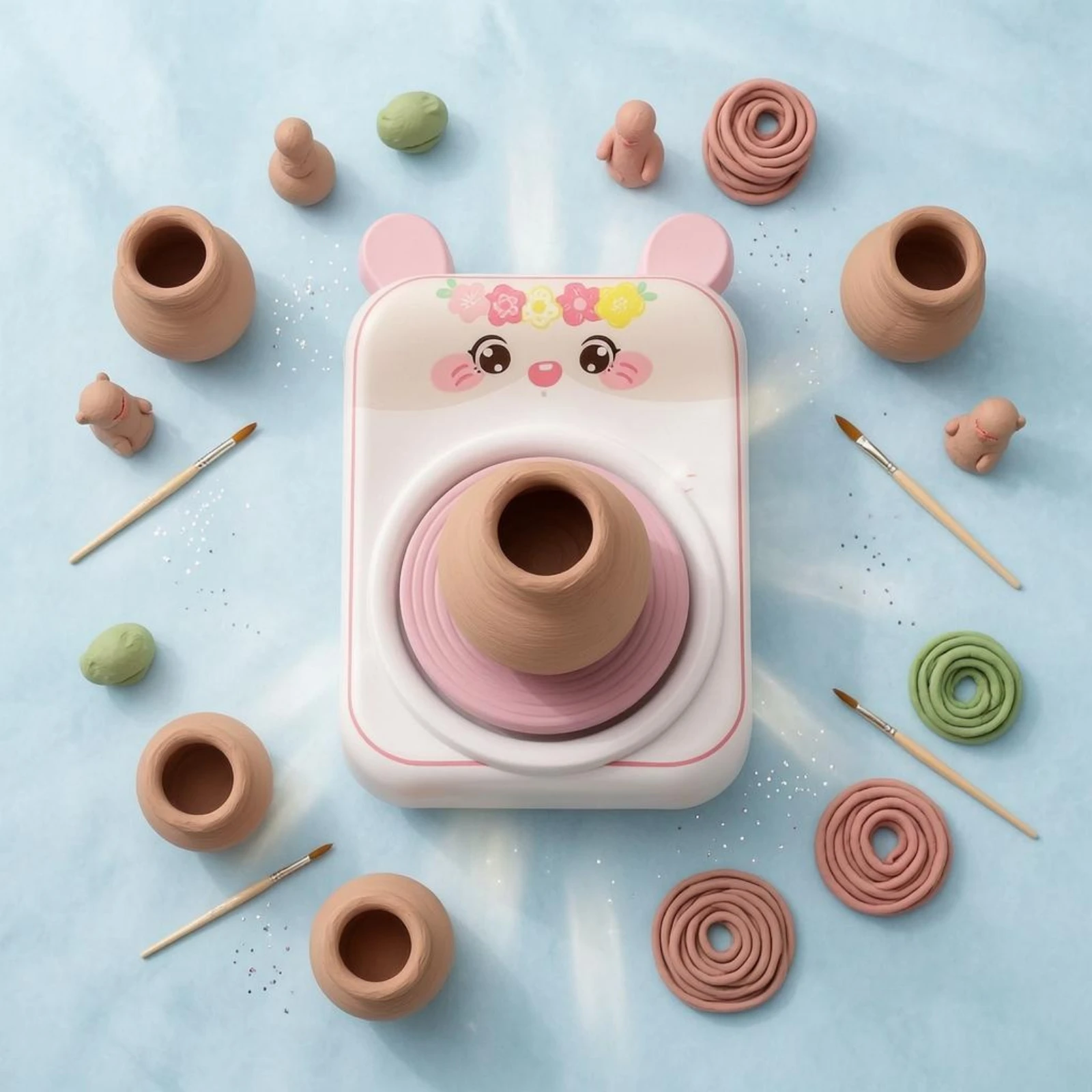 うさぎ型の陶芸ろくろ-白とピンクの子供用陶芸ろくろ-アートアクティビティ-子供に安全なペイントツール